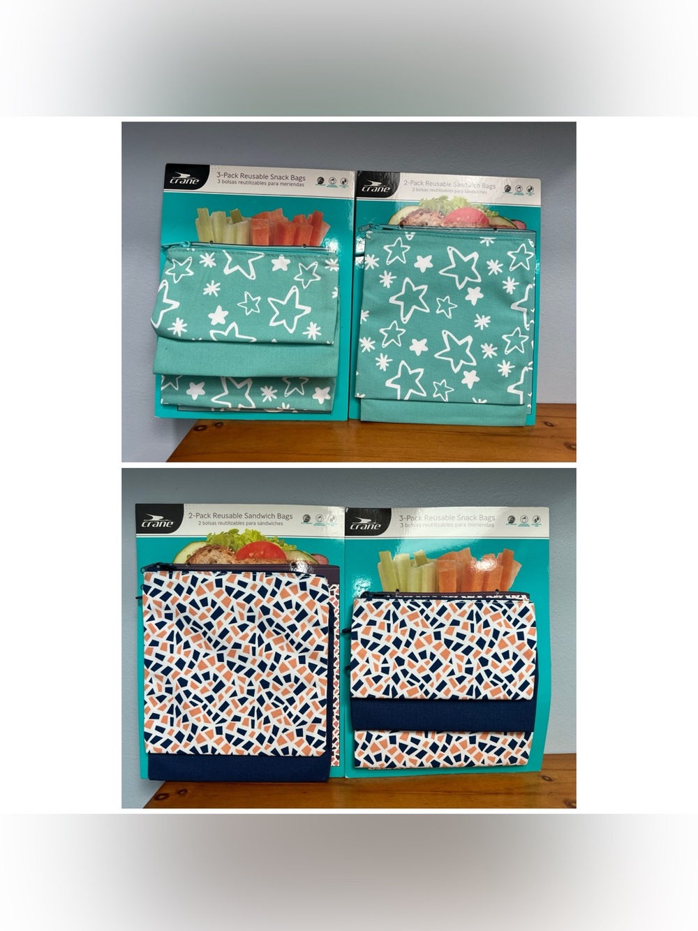 CRANE Reusable NEW 3 Pk Snack & 2 Pk Sandwich Bags - Set Of 2 Pieces Per Design